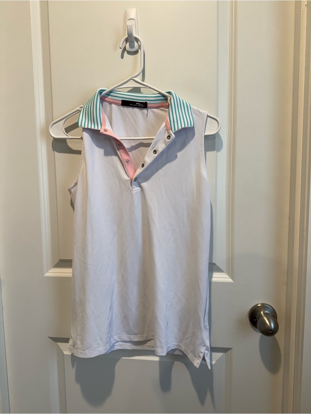 RLX Ralph Lauren White Sleeveless Golf Polo Mint Stripe Collar Size Small - Picture 2 of 4